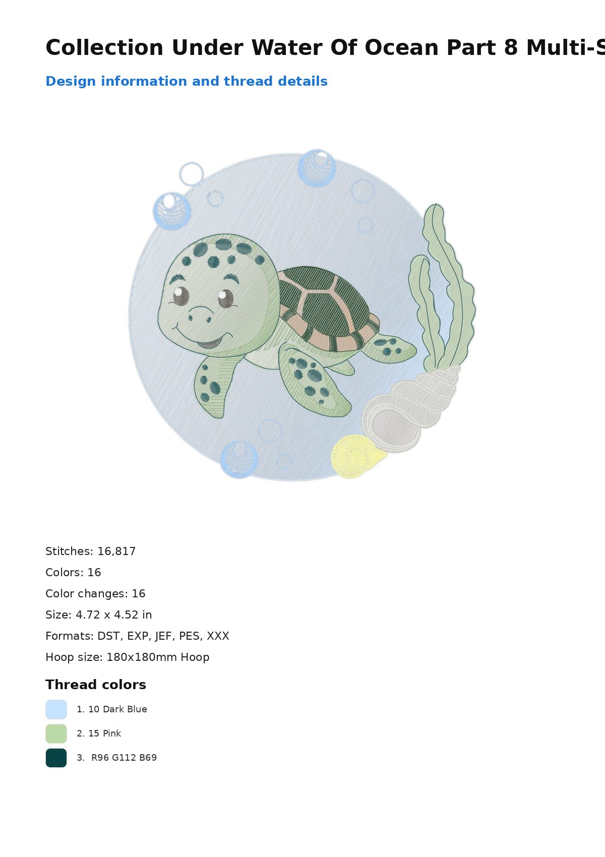 Collection Under Water Of Ocean Part 8 Multi-Size free machine embroidery design — 4.72×4.52 in — 16,817 stitches — 16 colors — DST, EXP, JEF, PES, XXX