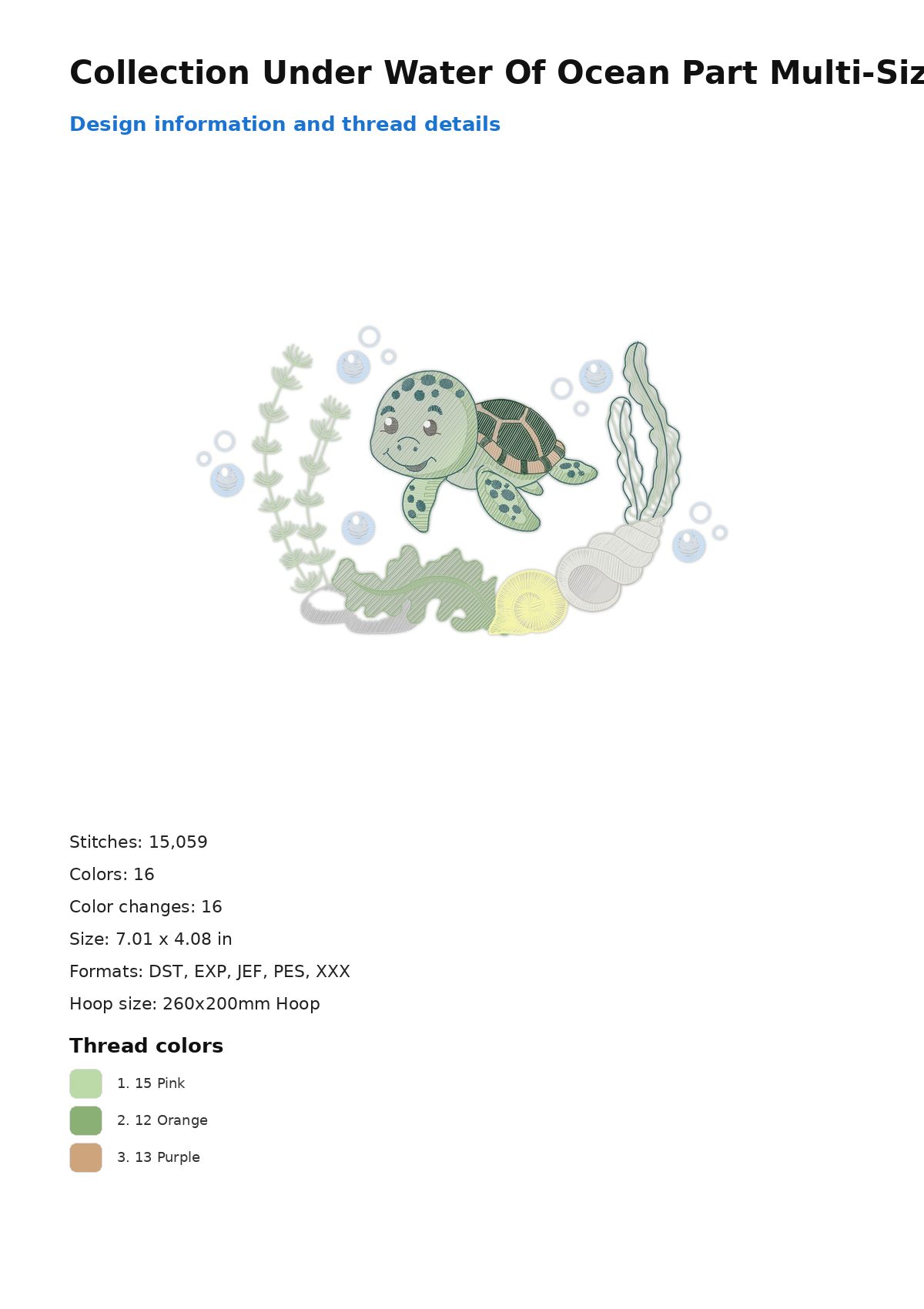 Collection Under Water Of Ocean Part Multi-Size free machine embroidery design — 7.01×4.08 in — 15,059 stitches — 16 colors — DST, EXP, JEF, PES, XXX