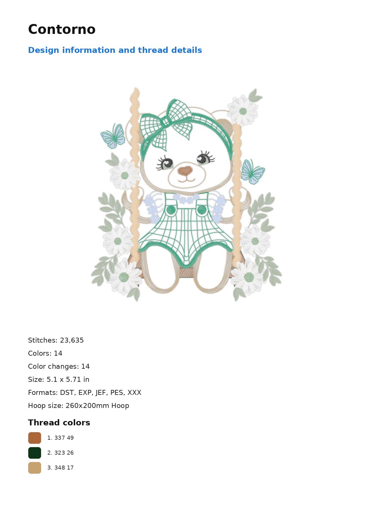 Contorno free machine embroidery design — 5.1×5.71 in — 23,635 stitches — 14 colors — DST, EXP, JEF, PES, XXX