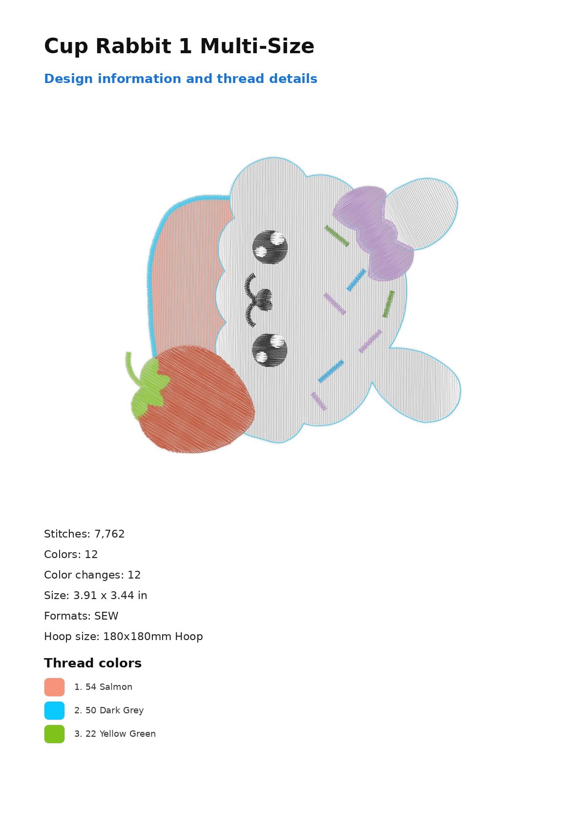 Cup Rabbit 1 Multi-Size free machine embroidery design — 3.91×3.44 in — 7,762 stitches — 12 colors — SEW