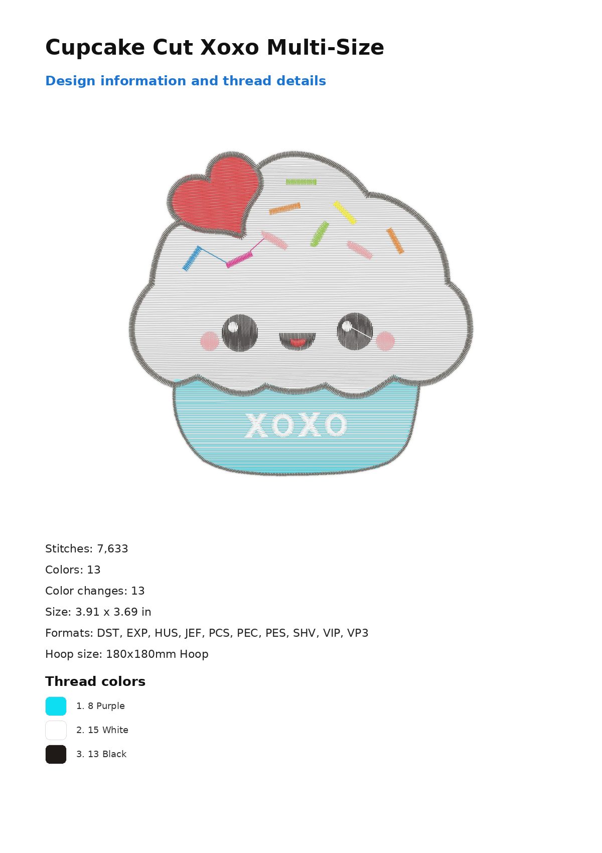Cupcake Cut Xoxo Multi-Size free machine embroidery design — 3.91×3.69 in — 7,633 stitches — 13 colors — DST, EXP, HUS, JEF, PCS