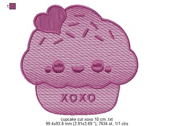 Cupcake Cut Xoxo Multi-Size free machine embroidery design — 3.91×3.69 in — 7,633 stitches — 13 colors — DST, EXP, HUS, JEF, PCS
