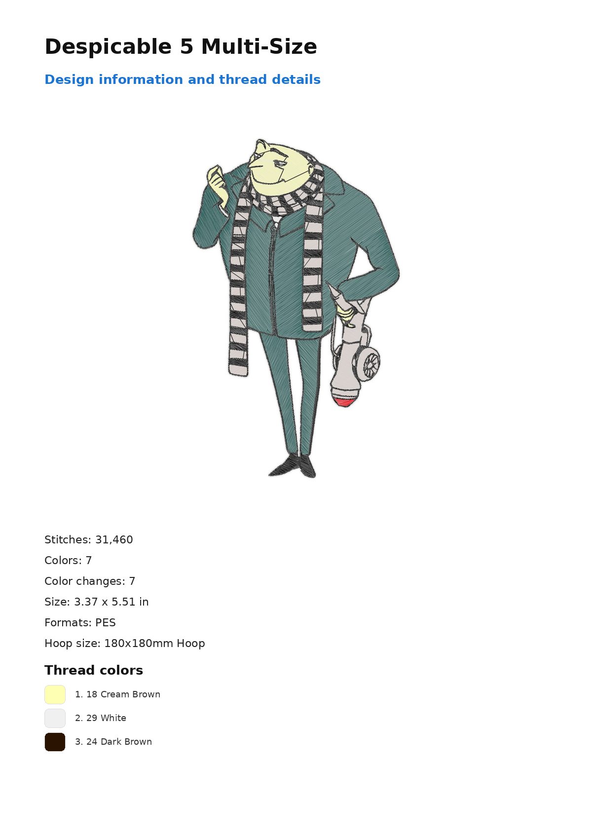 Despicable 5 Multi-Size free machine embroidery design — 3.37×5.51 in — 31,460 stitches — 7 colors — PES
