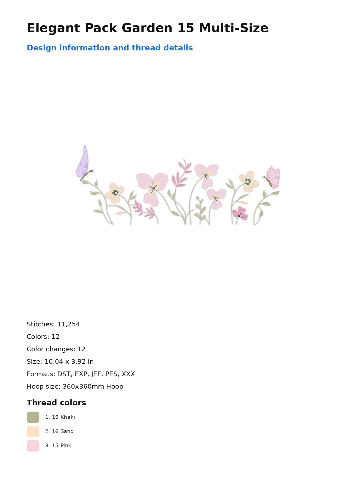 Elegant Pack Garden 15 Multi-Size free machine embroidery design — 10.04×3.92 in — 11,254 stitches — 12 colors — DST, EXP, JEF, PES, XXX