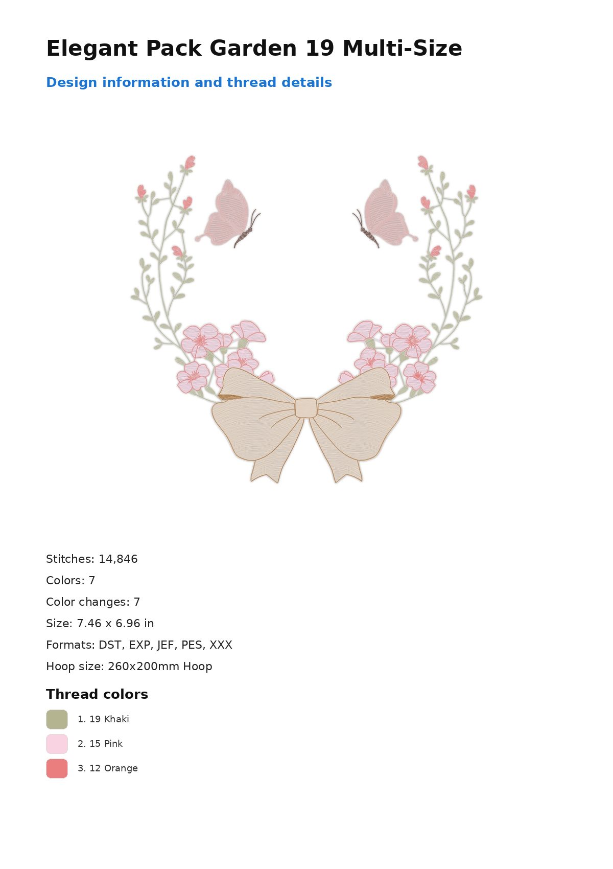 Elegant Pack Garden 19 Multi-Size free machine embroidery design — 7.46×6.96 in — 14,846 stitches — 7 colors — DST, EXP, JEF, PES, XXX