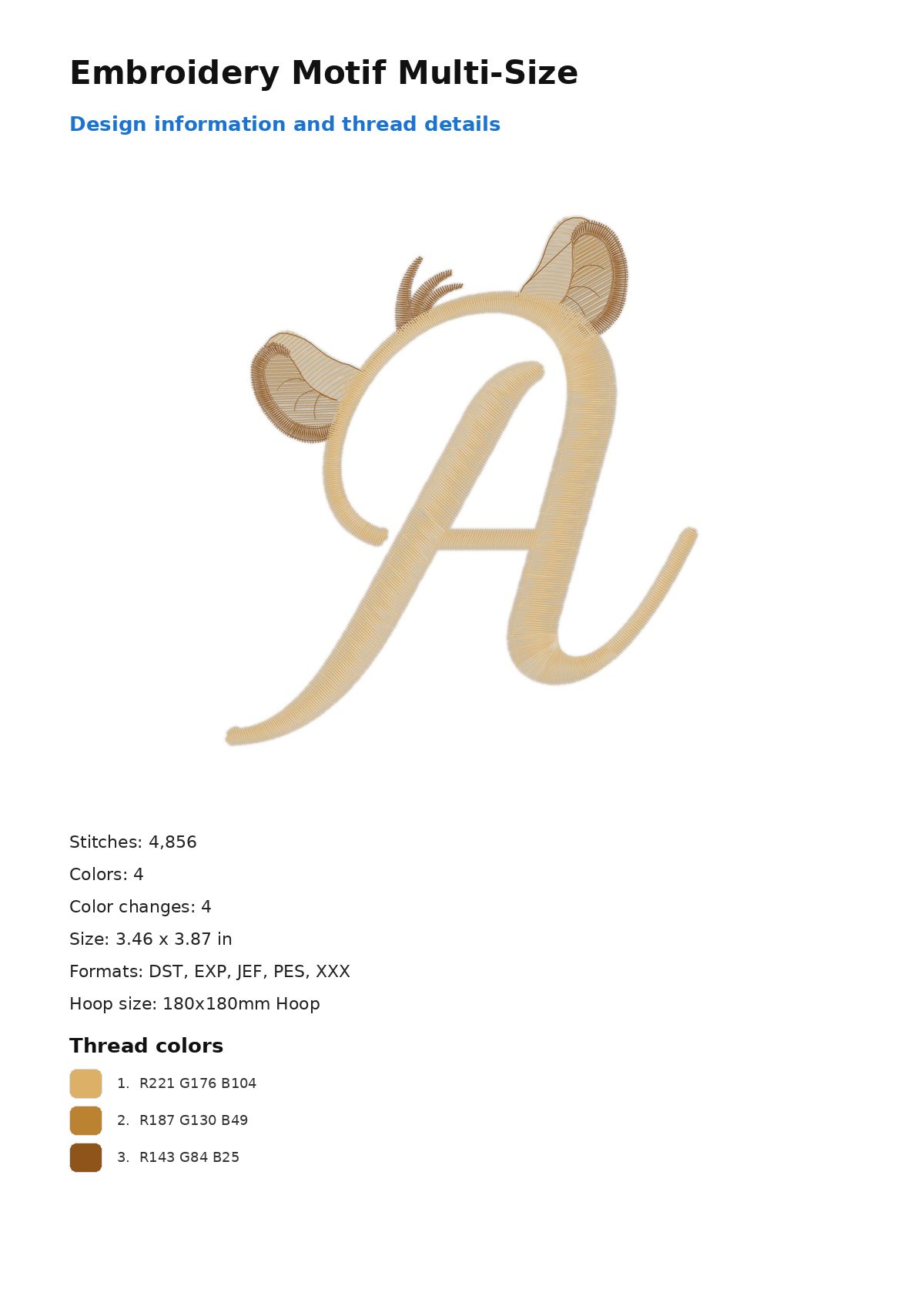 Embroidery Motif Multi-Size free machine embroidery design — 3.46×3.87 in — 4,856 stitches — 4 colors — DST, EXP, JEF, PES, XXX