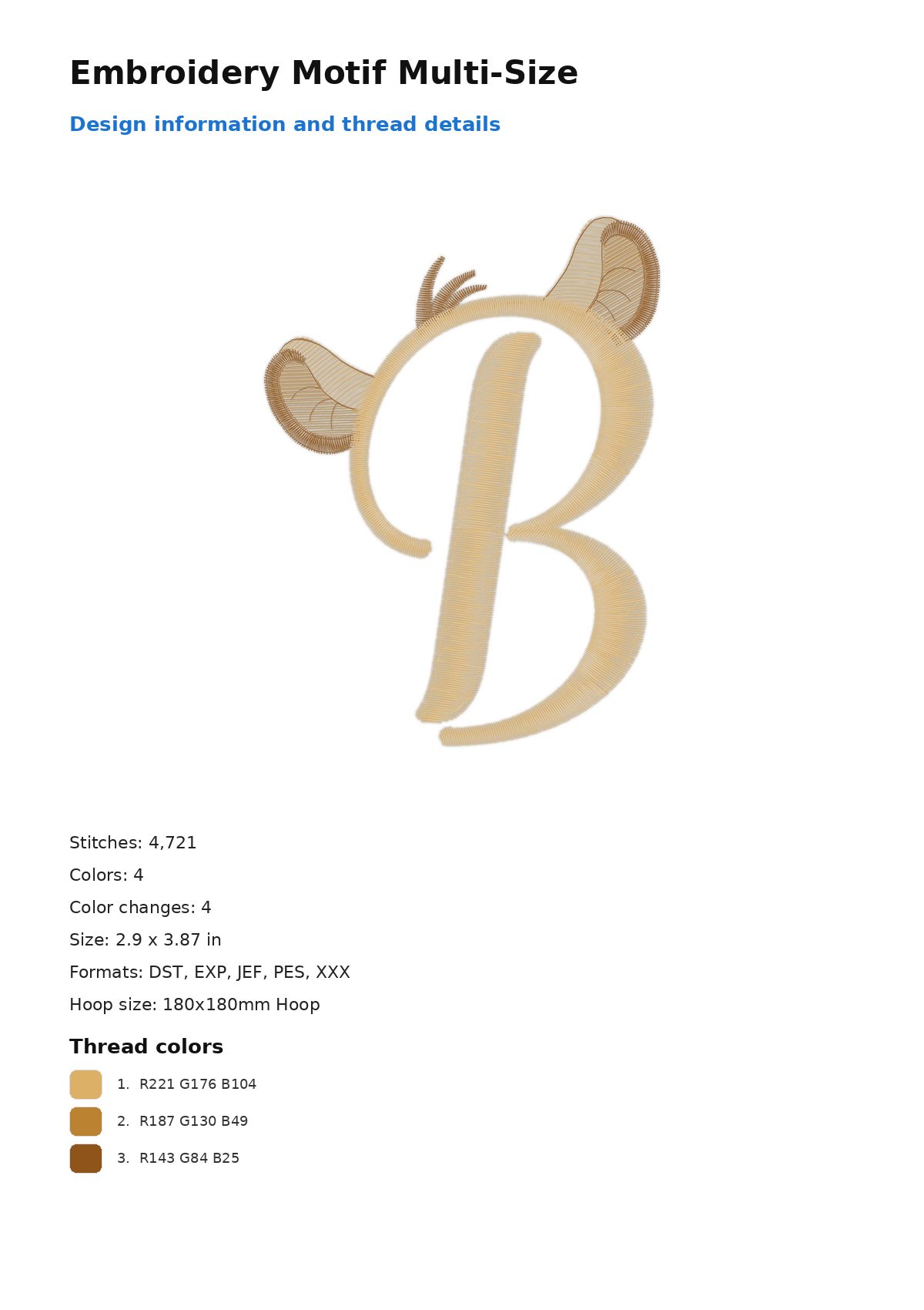 Embroidery Motif Multi-Size free machine embroidery design — 2.9×3.87 in — 4,721 stitches — 4 colors — DST, EXP, JEF, PES, XXX