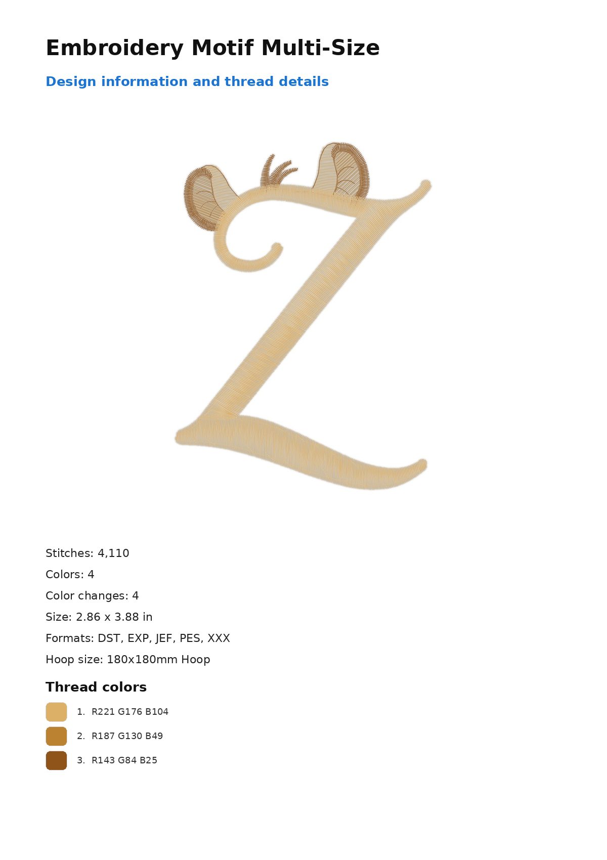 Embroidery Motif Multi-Size free machine embroidery design — 2.86×3.88 in — 4,110 stitches — 4 colors — DST, EXP, JEF, PES, XXX