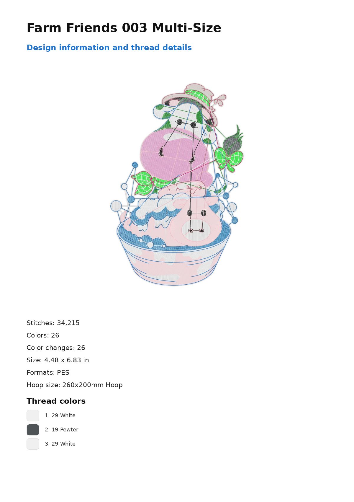 Farm Friends 003 Multi-Size free machine embroidery design — 4.48×6.83 in — 34,215 stitches — 26 colors — PES