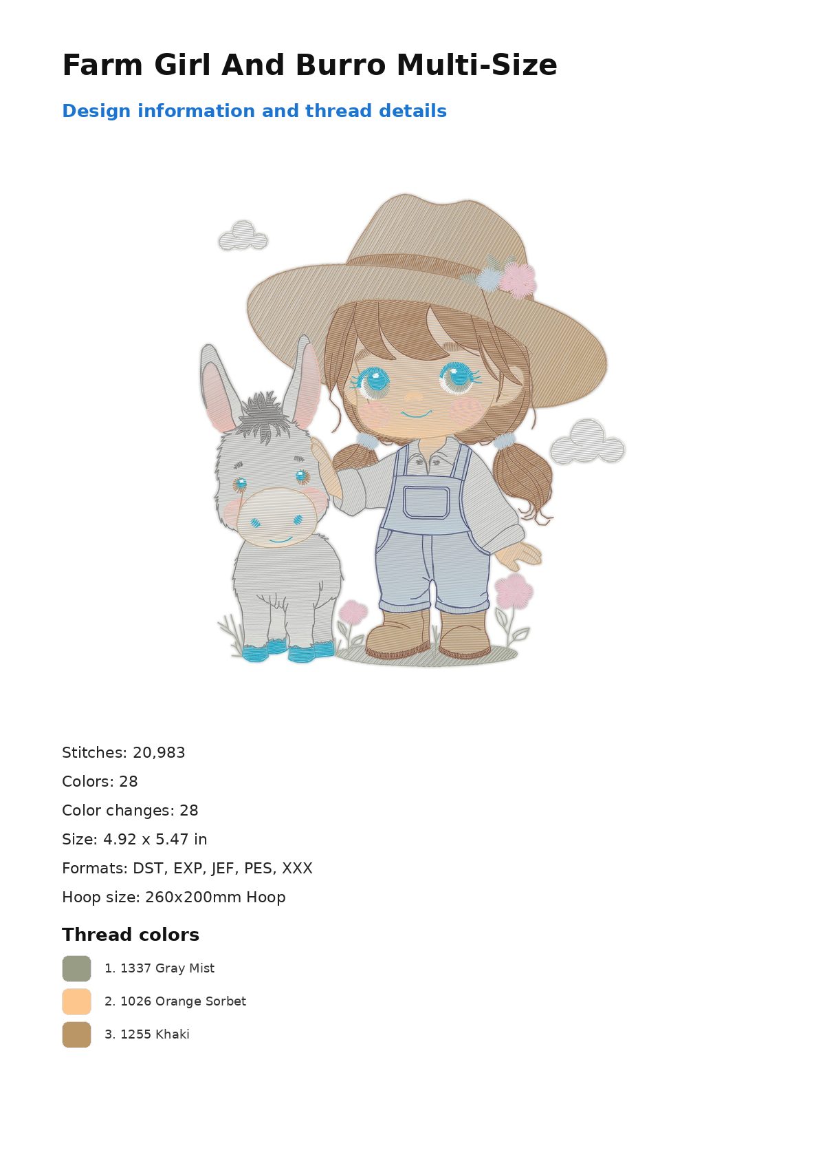 Farm Girl And Burro Multi-Size free machine embroidery design — 4.92×5.47 in — 20,983 stitches — 28 colors — DST, EXP, JEF, PES, XXX