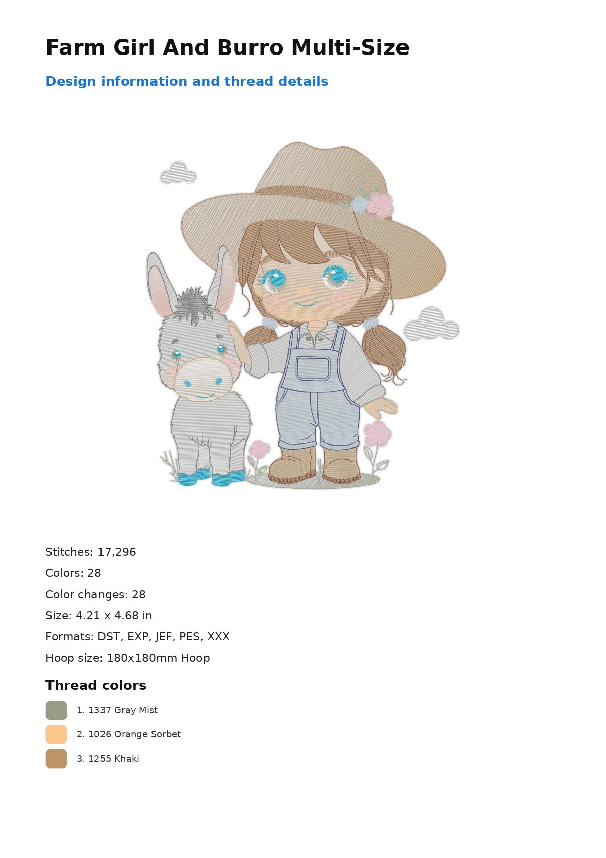 Farm Girl And Burro Multi-Size free machine embroidery design — 4.21×4.68 in — 17,296 stitches — 28 colors — DST, EXP, JEF, PES, XXX