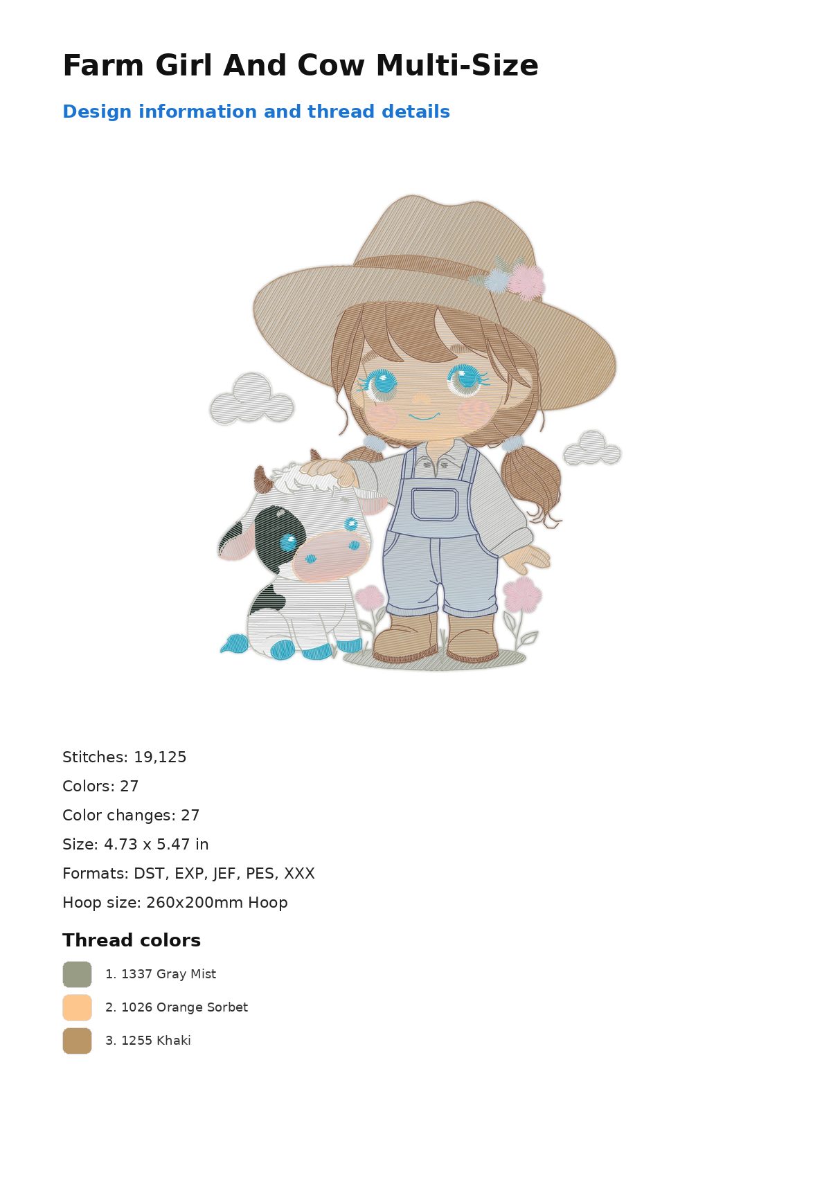 Farm Girl And Cow Multi-Size free machine embroidery design — 4.73×5.47 in — 19,125 stitches — 27 colors — DST, EXP, JEF, PES, XXX