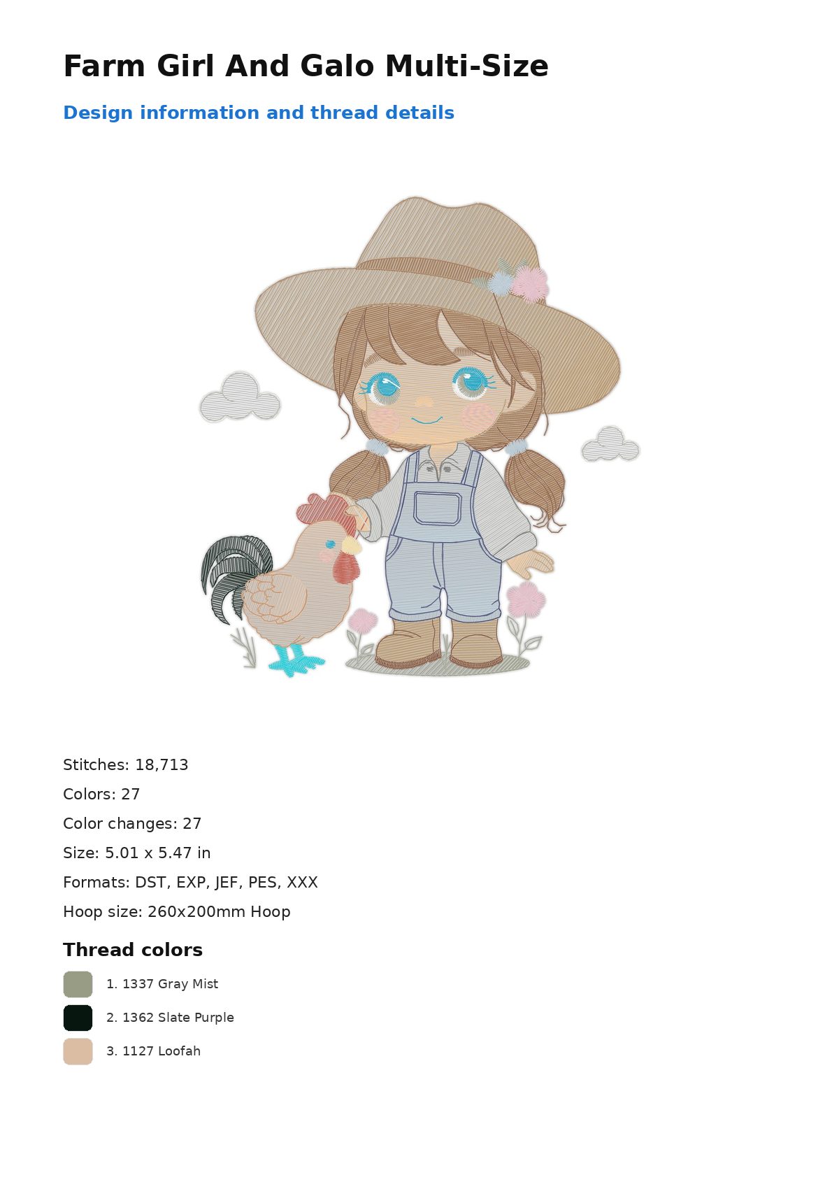Farm Girl And Galo Multi-Size free machine embroidery design — 5.01×5.47 in — 18,713 stitches — 27 colors — DST, EXP, JEF, PES, XXX