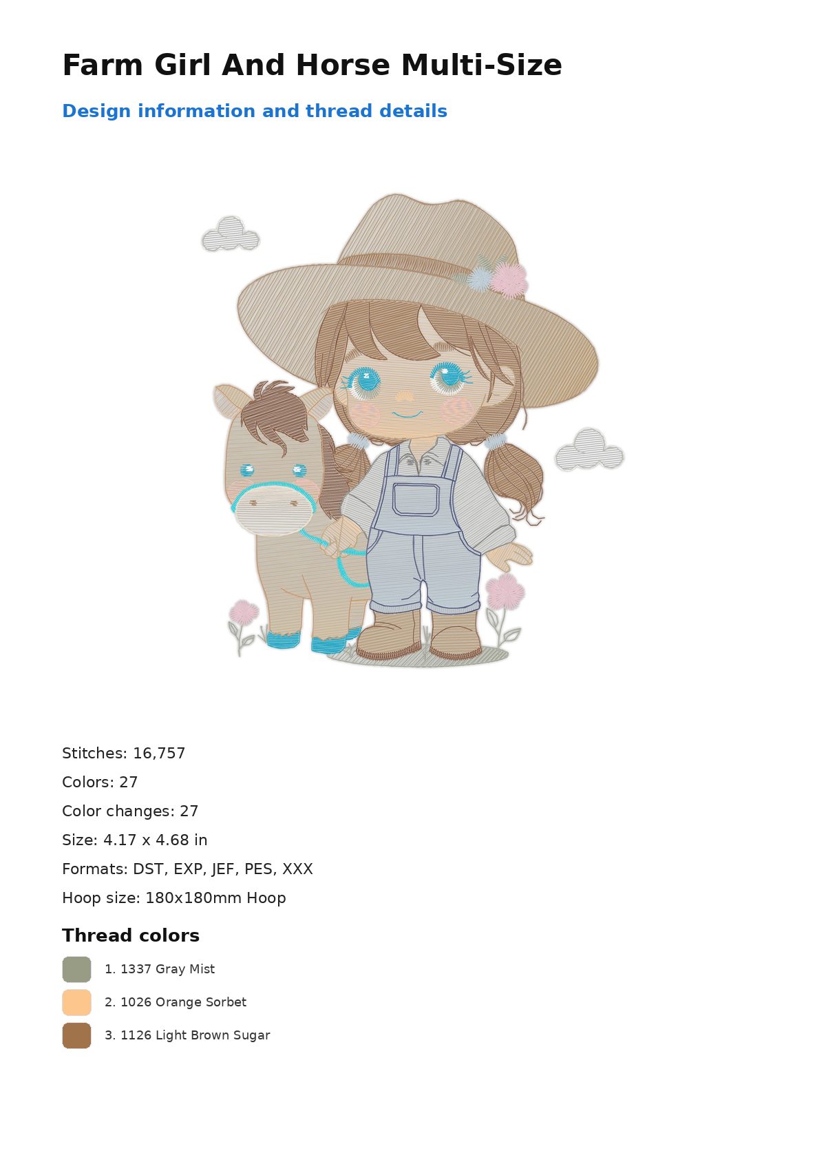 Farm Girl And Horse Multi-Size free machine embroidery design — 4.17×4.68 in — 16,757 stitches — 27 colors — DST, EXP, JEF, PES, XXX