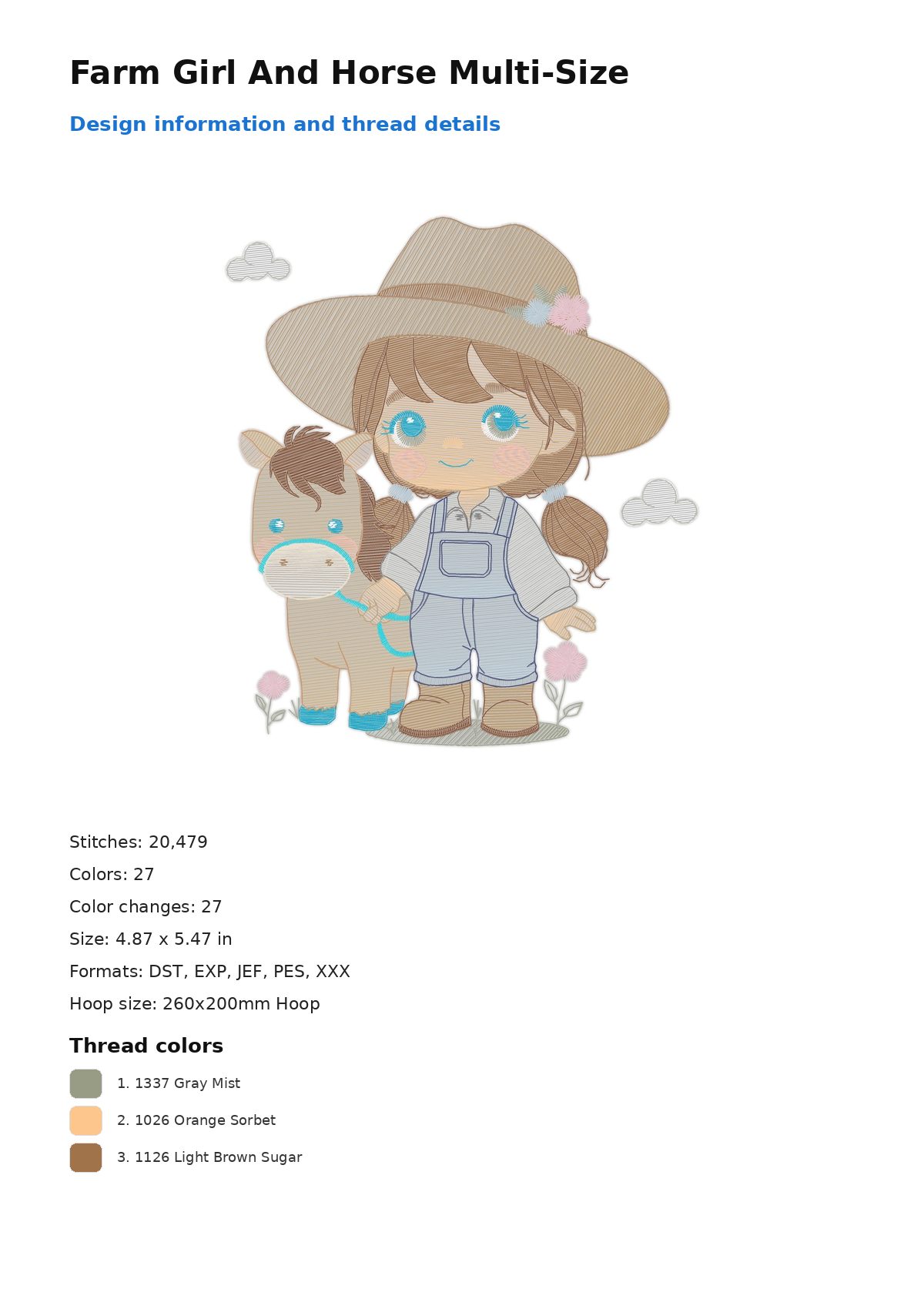 Farm Girl And Horse Multi-Size free machine embroidery design — 4.87×5.47 in — 20,479 stitches — 27 colors — DST, EXP, JEF, PES, XXX