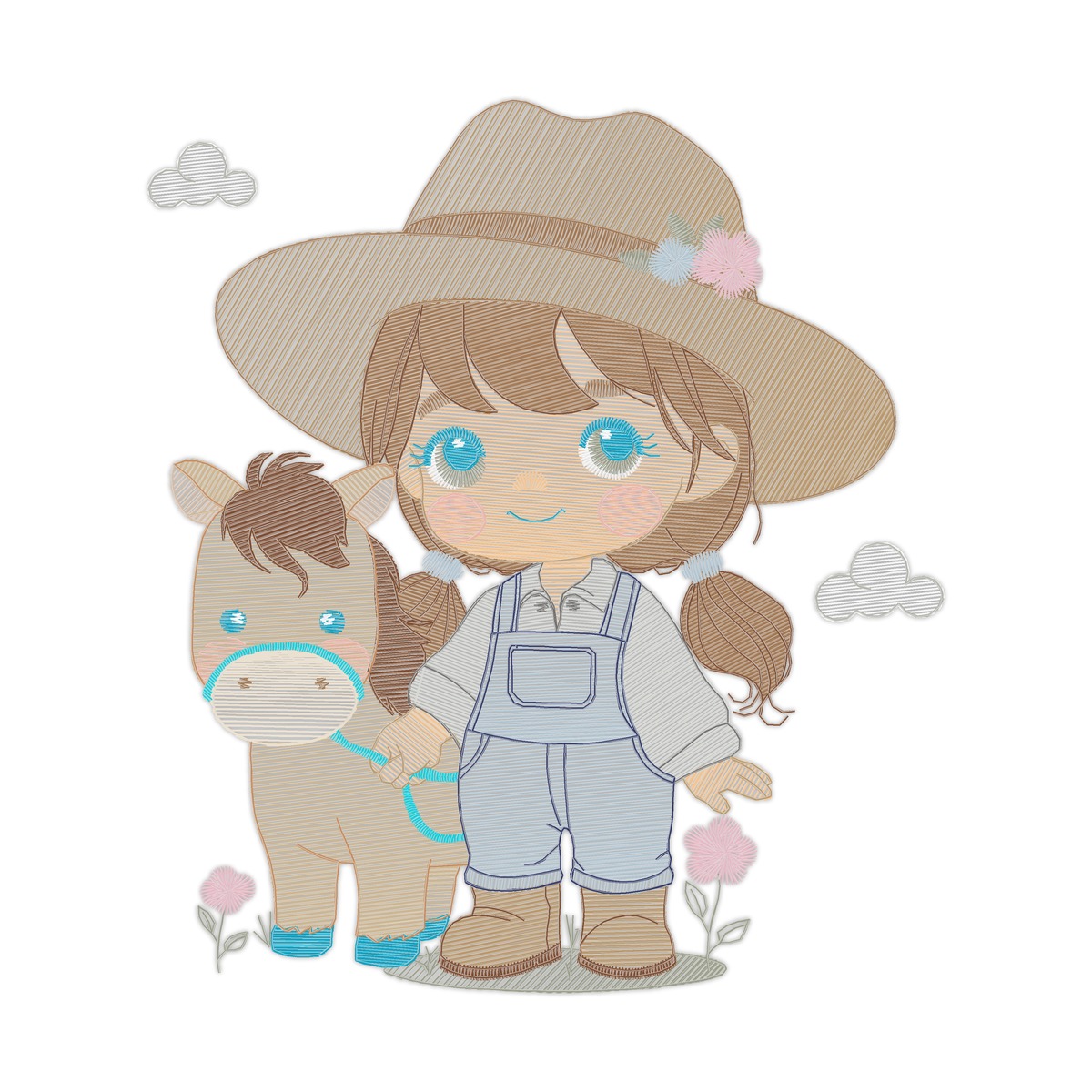 Farm Girl And Horse Multi-Size free machine embroidery design — 4.87×5.47 in — 20,479 stitches — 27 colors — DST, EXP, JEF, PES, XXX