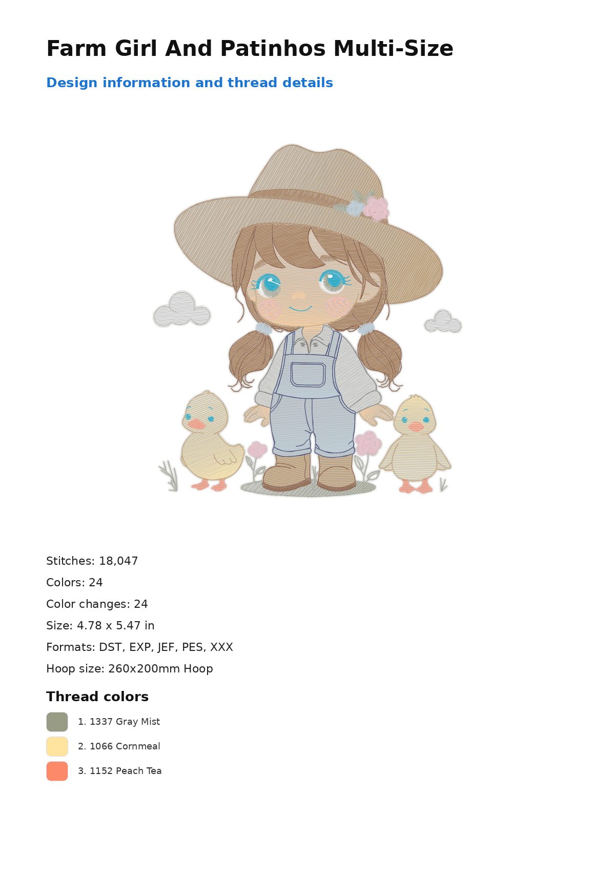 Farm Girl And Patinhos Multi-Size free machine embroidery design — 4.78×5.47 in — 18,047 stitches — 24 colors — DST, EXP, JEF, PES, XXX