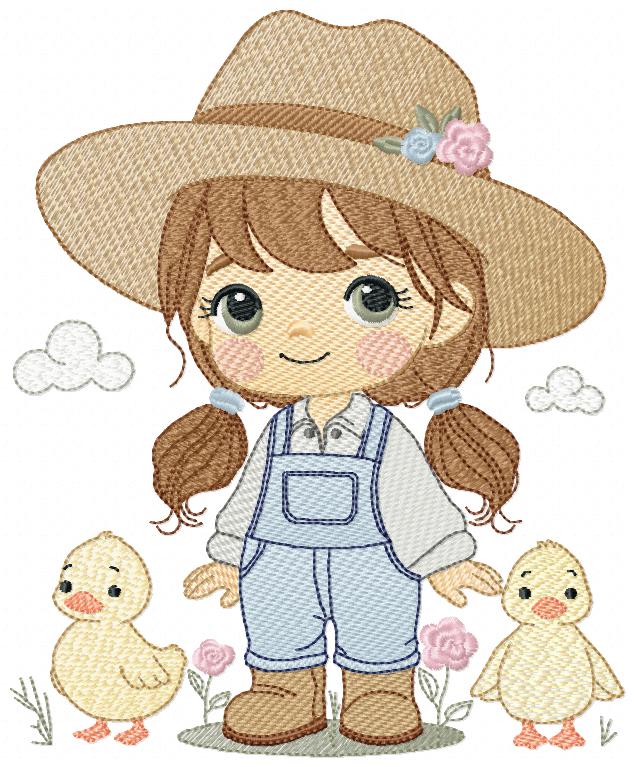 Farm Girl And Patinhos Multi-Size free machine embroidery design — 6.44×7.83 in — 29,578 stitches — 24 colors — DST, EXP, JEF, PES, XXX