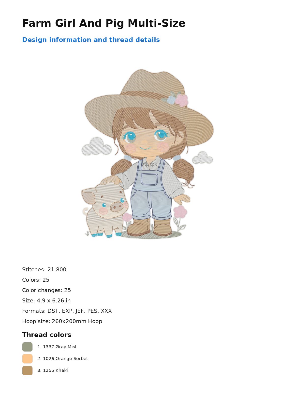 Farm Girl And Pig Multi-Size free machine embroidery design — 4.9×6.26 in — 21,800 stitches — 25 colors — DST, EXP, JEF, PES, XXX