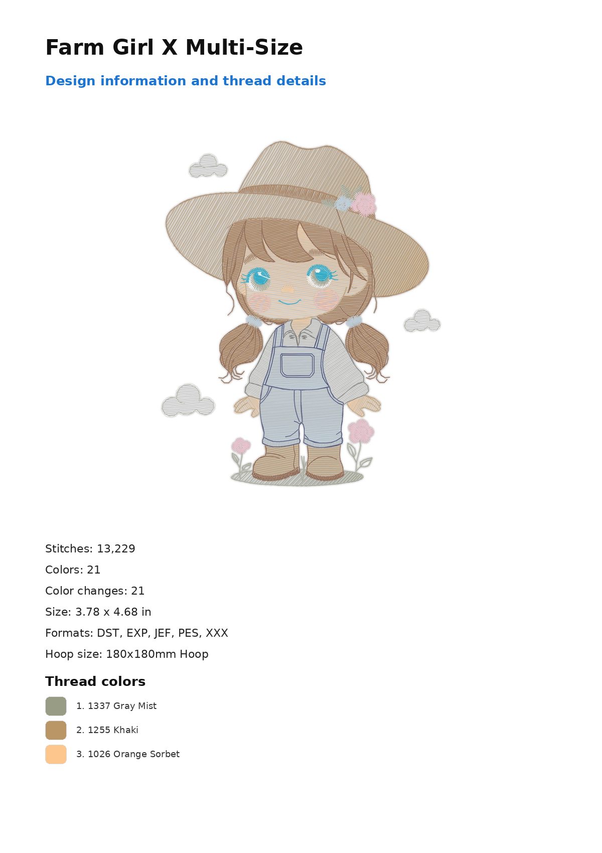 Farm Girl X Multi-Size free machine embroidery design — 3.78×4.68 in — 13,229 stitches — 21 colors — DST, EXP, JEF, PES, XXX