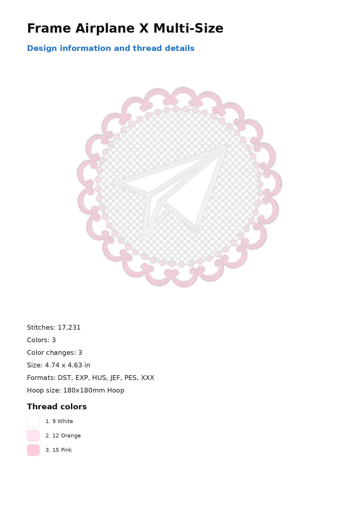 Frame Airplane X Multi-Size free machine embroidery design — 4.74×4.63 in — 17,231 stitches — 3 colors — DST, EXP, HUS, JEF, PES