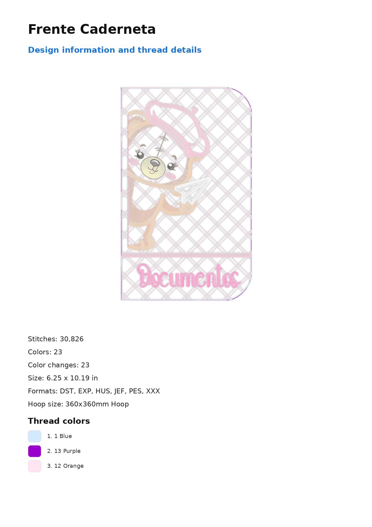 Frente Caderneta free machine embroidery design — 6.25×10.19 in — 30,826 stitches — 23 colors — DST, EXP, HUS, JEF, PES