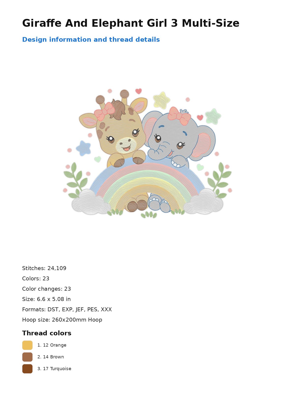 Giraffe And Elephant Girl 3 Multi-Size free machine embroidery design — 6.6×5.08 in — 24,109 stitches — 23 colors — DST, EXP, JEF, PES, XXX