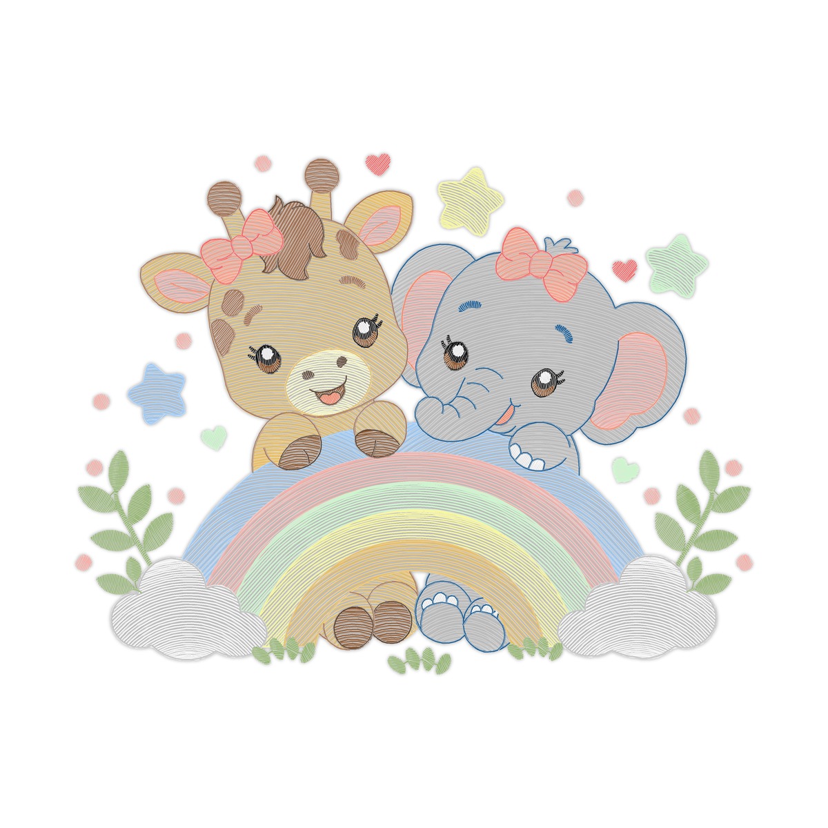 Giraffe And Elephant Girl 3 Multi-Size free machine embroidery design — 6.6×5.08 in — 24,109 stitches — 23 colors — DST, EXP, JEF, PES, XXX