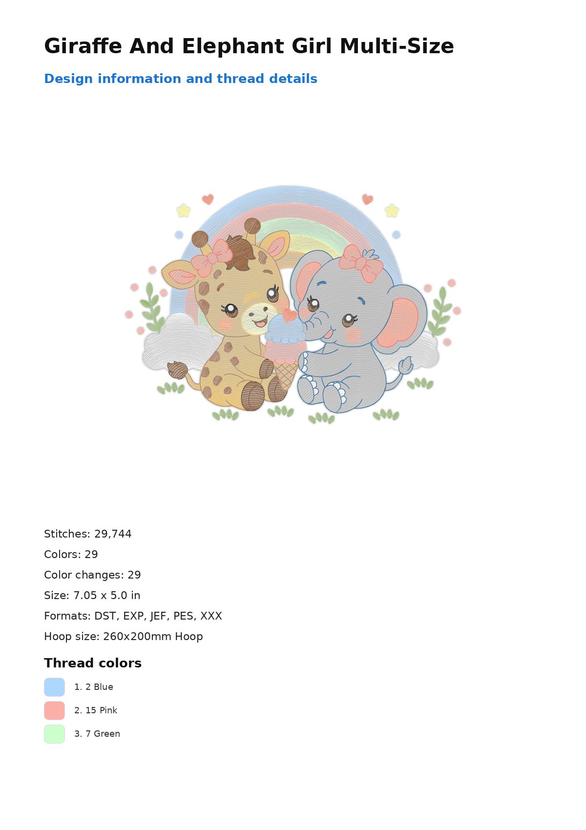 Giraffe And Elephant Girl Multi-Size free machine embroidery design — 7.05×5.0 in — 29,744 stitches — 29 colors — DST, EXP, JEF, PES, XXX