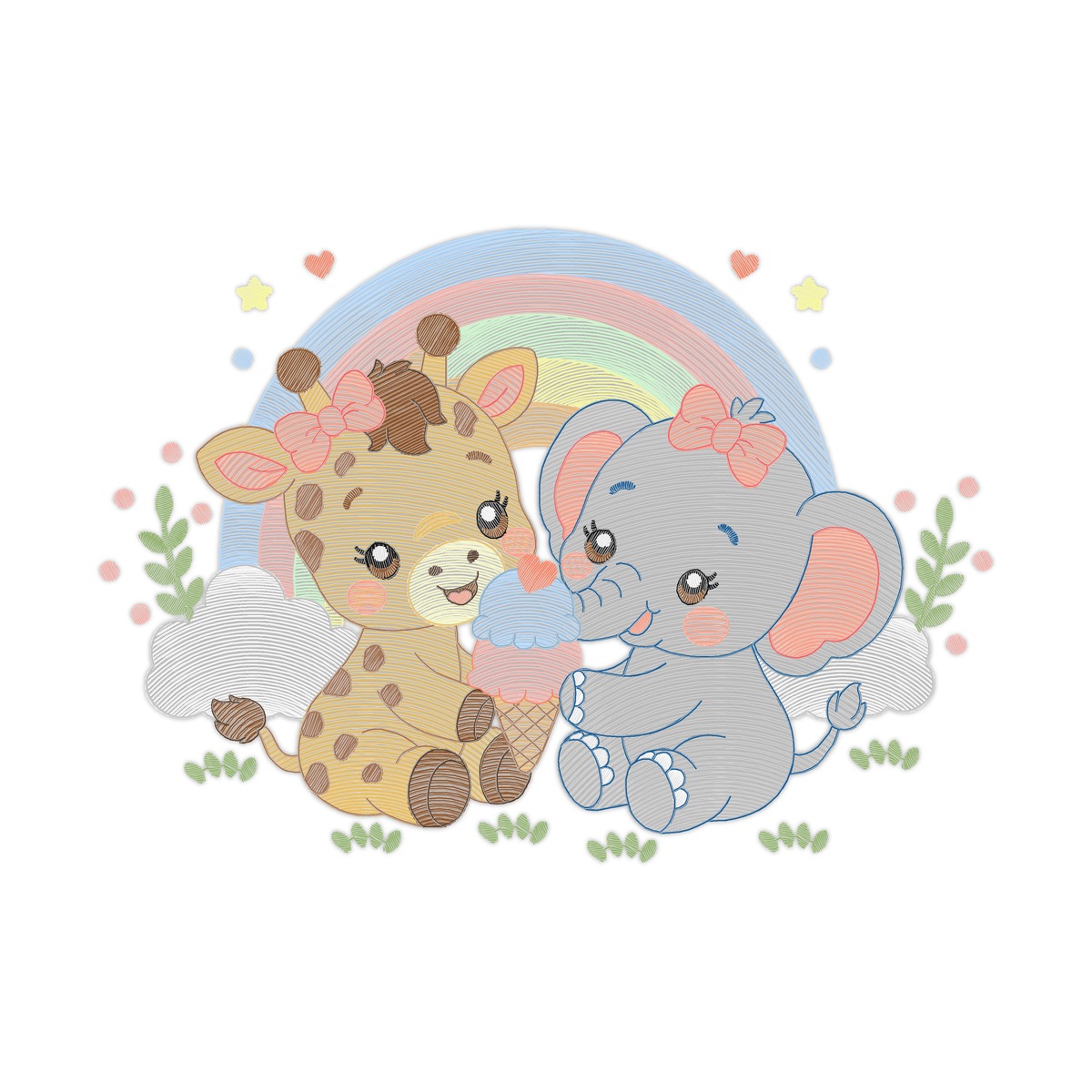 Giraffe And Elephant Girl Multi-Size free machine embroidery design — 7.05×5.0 in — 29,744 stitches — 29 colors — DST, EXP, JEF, PES, XXX