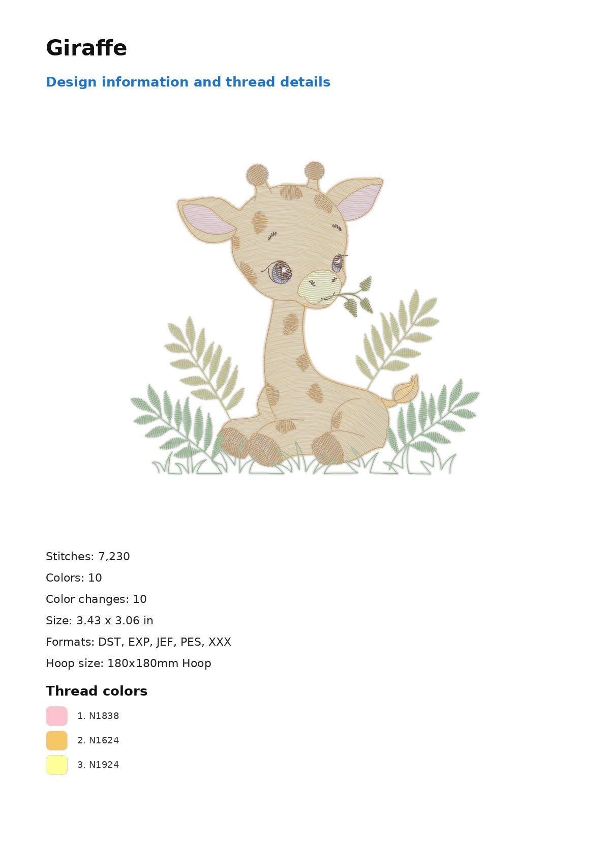 Giraffe free machine embroidery design — 3.43×3.06 in — 7,230 stitches — 10 colors — DST, EXP, JEF, PES, XXX