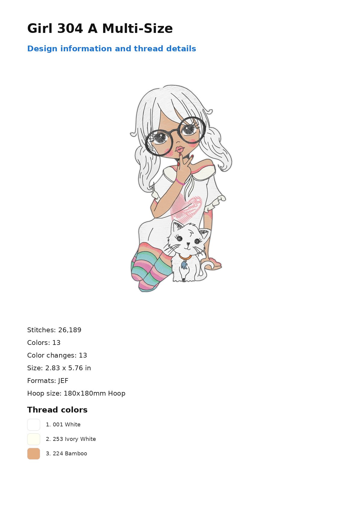 Girl 304 A Multi-Size free machine embroidery design — 2.83×5.76 in — 26,189 stitches — 13 colors — JEF