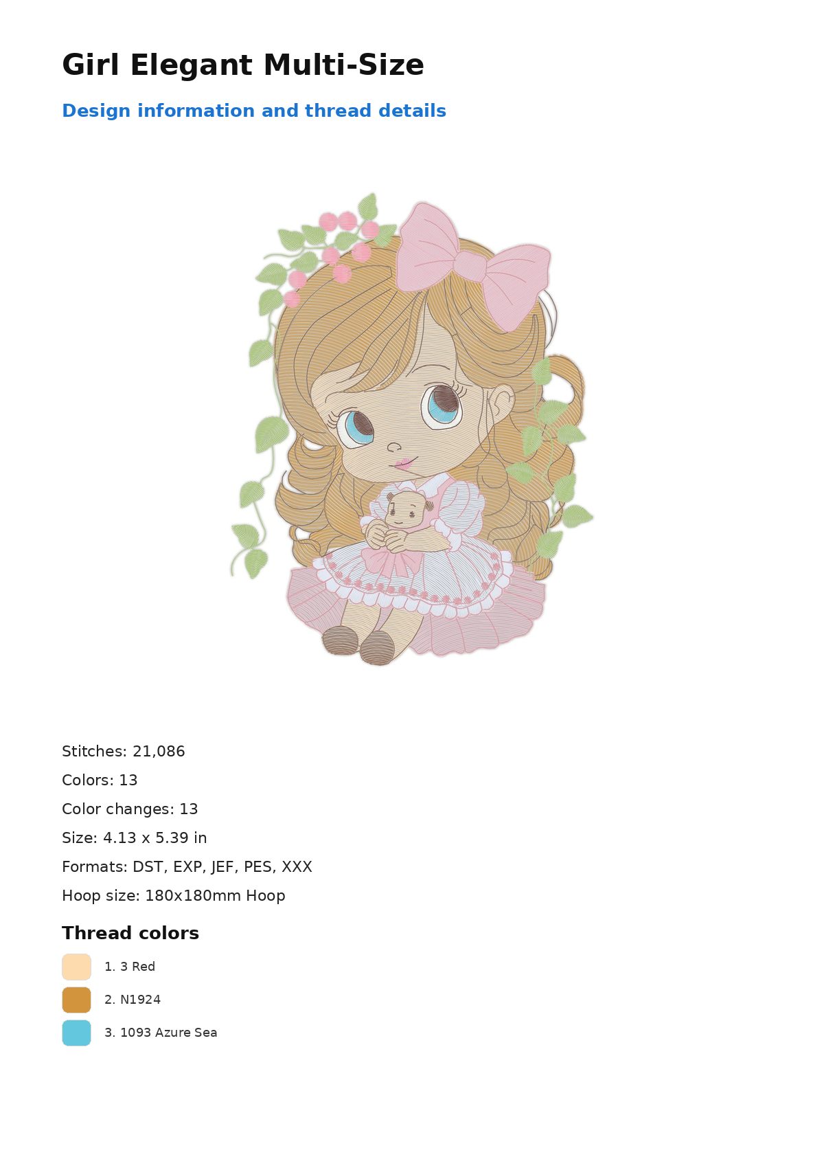 Girl Elegant Multi-Size free machine embroidery design — 4.13×5.39 in — 21,086 stitches — 13 colors — DST, EXP, JEF, PES, XXX