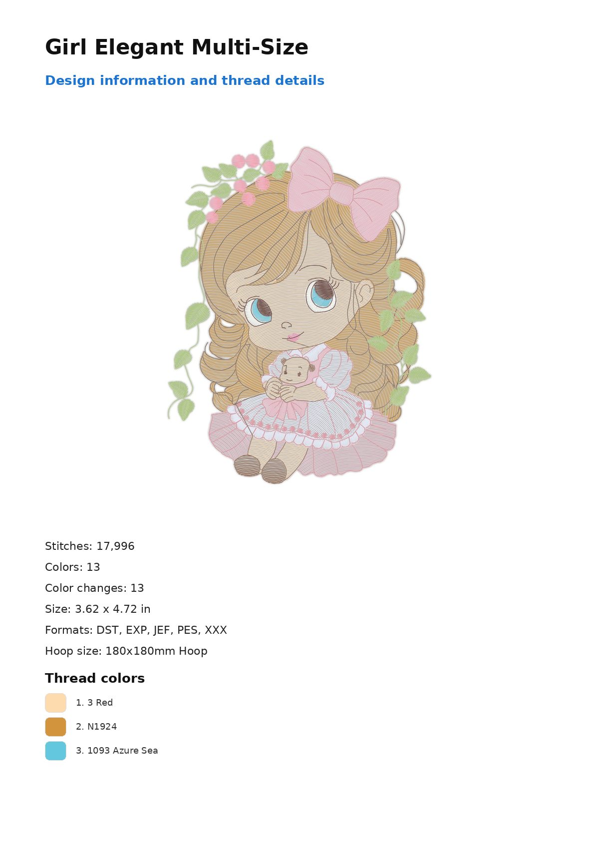 Girl Elegant Multi-Size free machine embroidery design — 3.62×4.72 in — 17,996 stitches — 13 colors — DST, EXP, JEF, PES, XXX