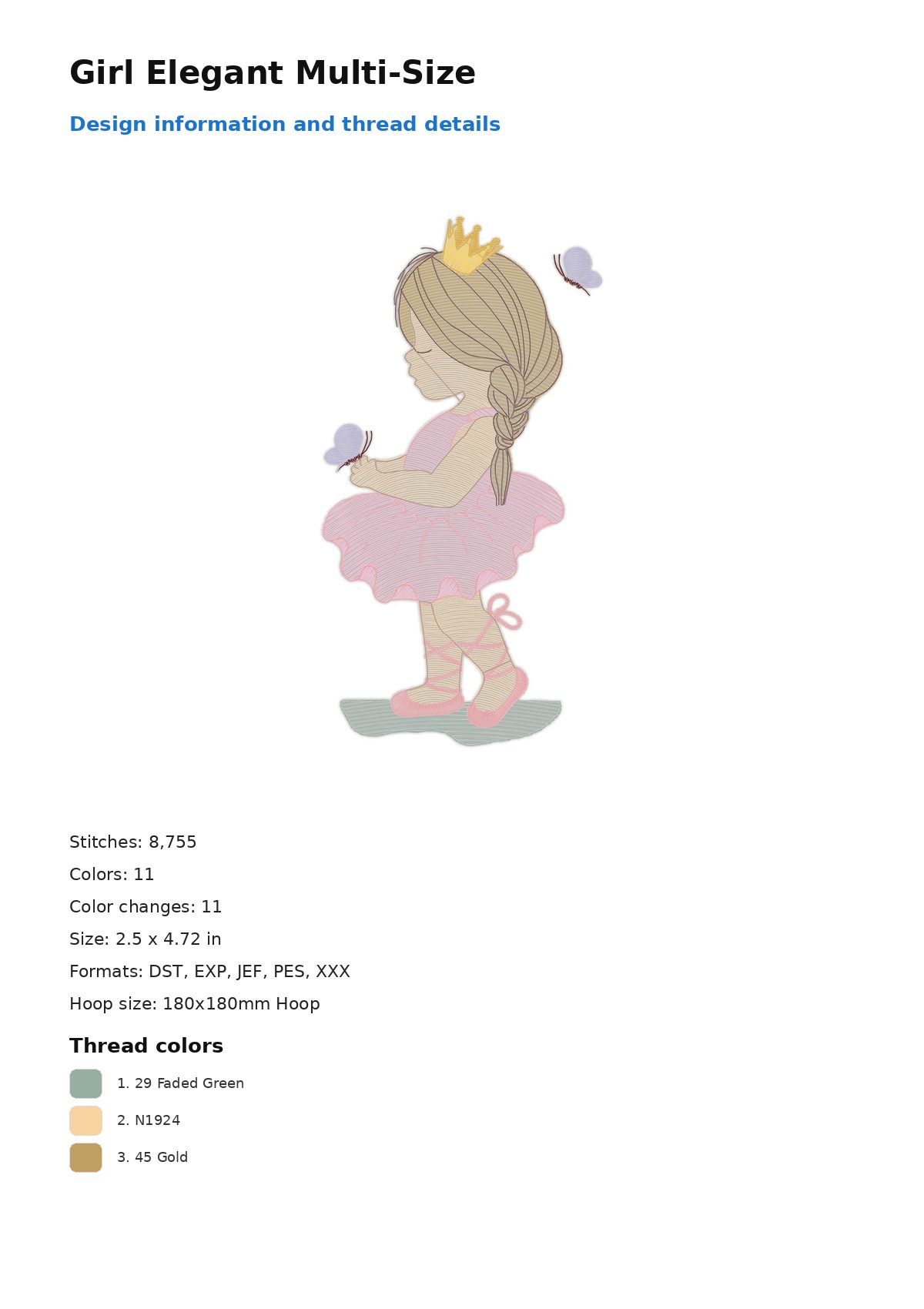Girl Elegant Multi-Size free machine embroidery design — 2.5×4.72 in — 8,755 stitches — 11 colors — DST, EXP, JEF, PES, XXX