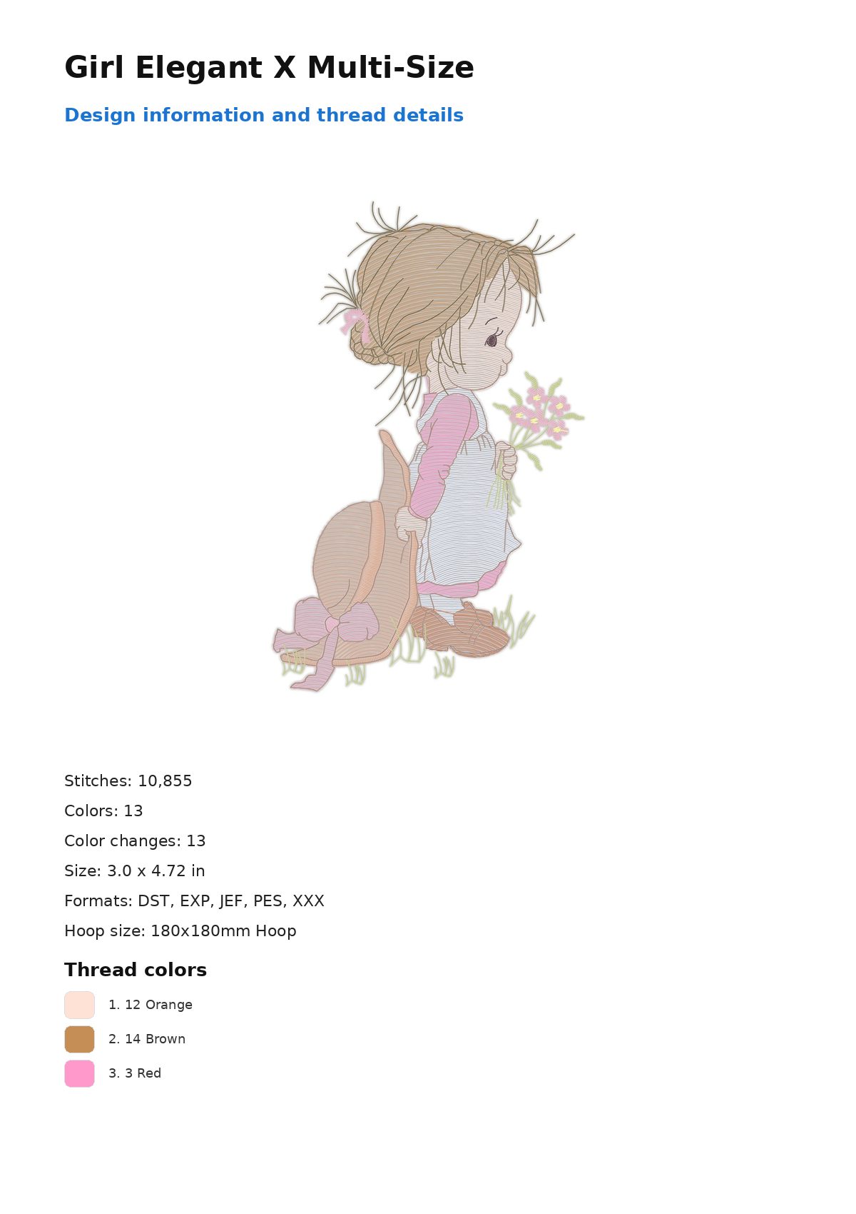 Girl Elegant X Multi-Size free machine embroidery design — 3.0×4.72 in — 10,855 stitches — 13 colors — DST, EXP, JEF, PES, XXX
