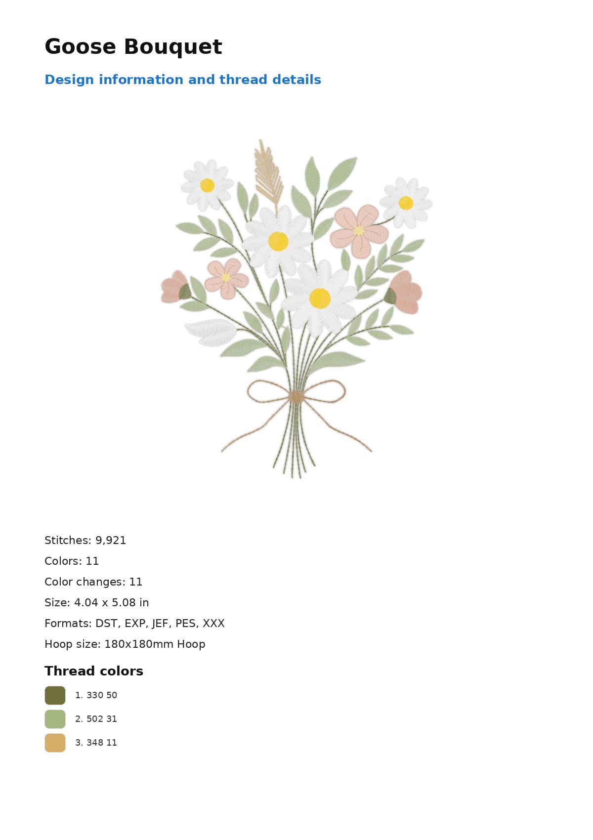Goose Bouquet free machine embroidery design — 4.04×5.08 in — 9,921 stitches — 11 colors — DST, EXP, JEF, PES, XXX