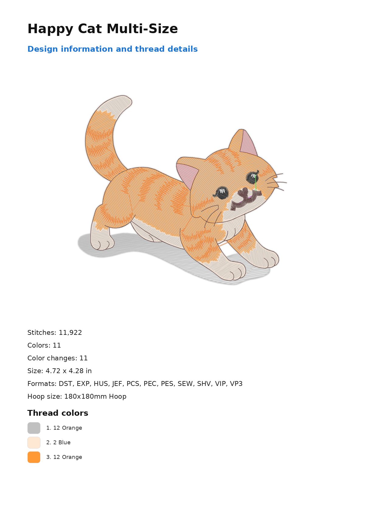 Happy Cat Multi-Size free machine embroidery design — 4.72×4.28 in — 11,922 stitches — 11 colors — DST, EXP, HUS, JEF, PCS