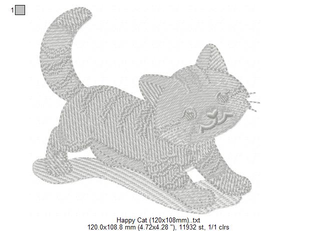 Happy Cat Multi-Size free machine embroidery design — 4.72×4.28 in — 11,922 stitches — 11 colors — DST, EXP, HUS, JEF, PCS
