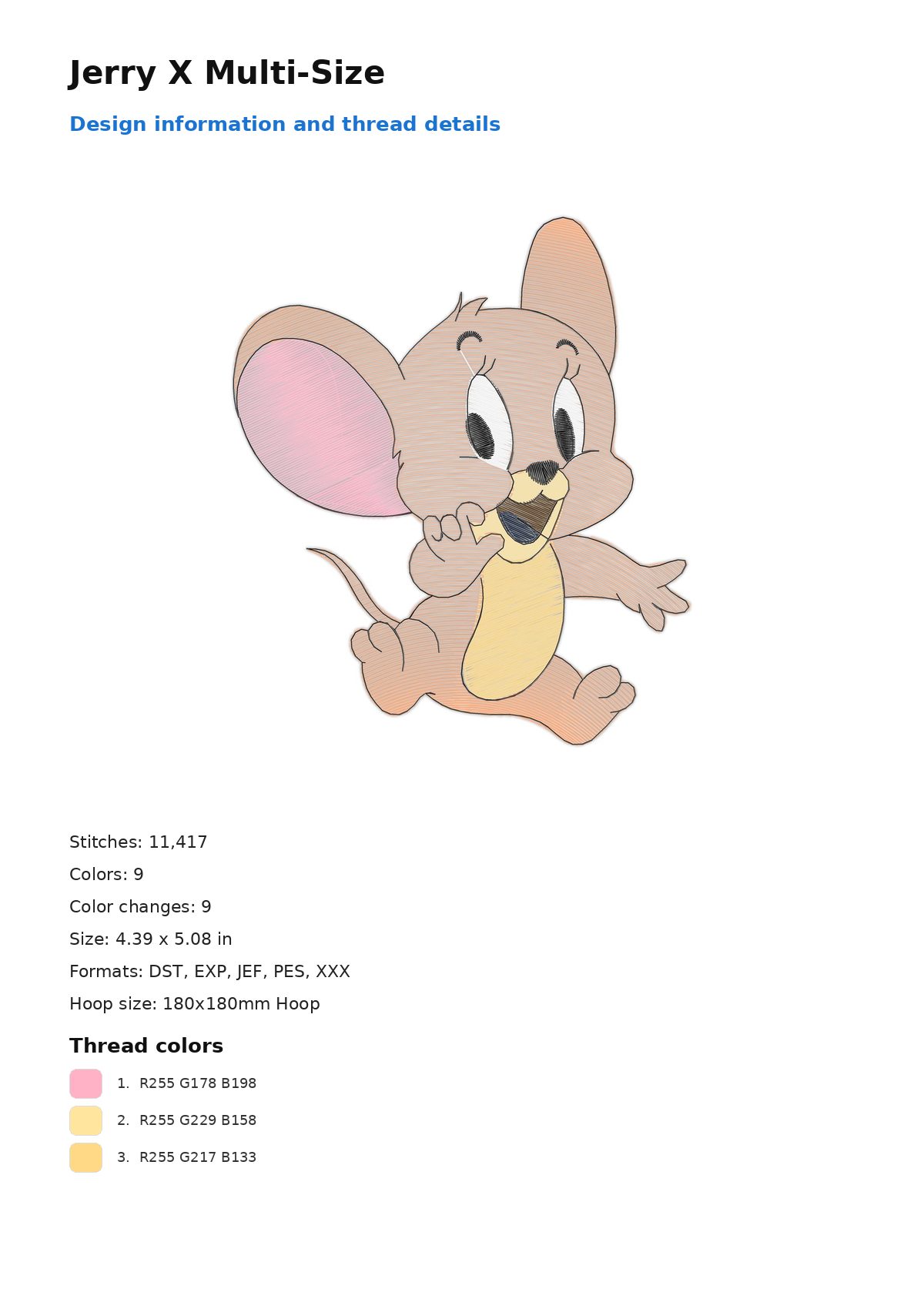 Jerry X Multi-Size free machine embroidery design — 4.39×5.08 in — 11,417 stitches — 9 colors — DST, EXP, JEF, PES, XXX