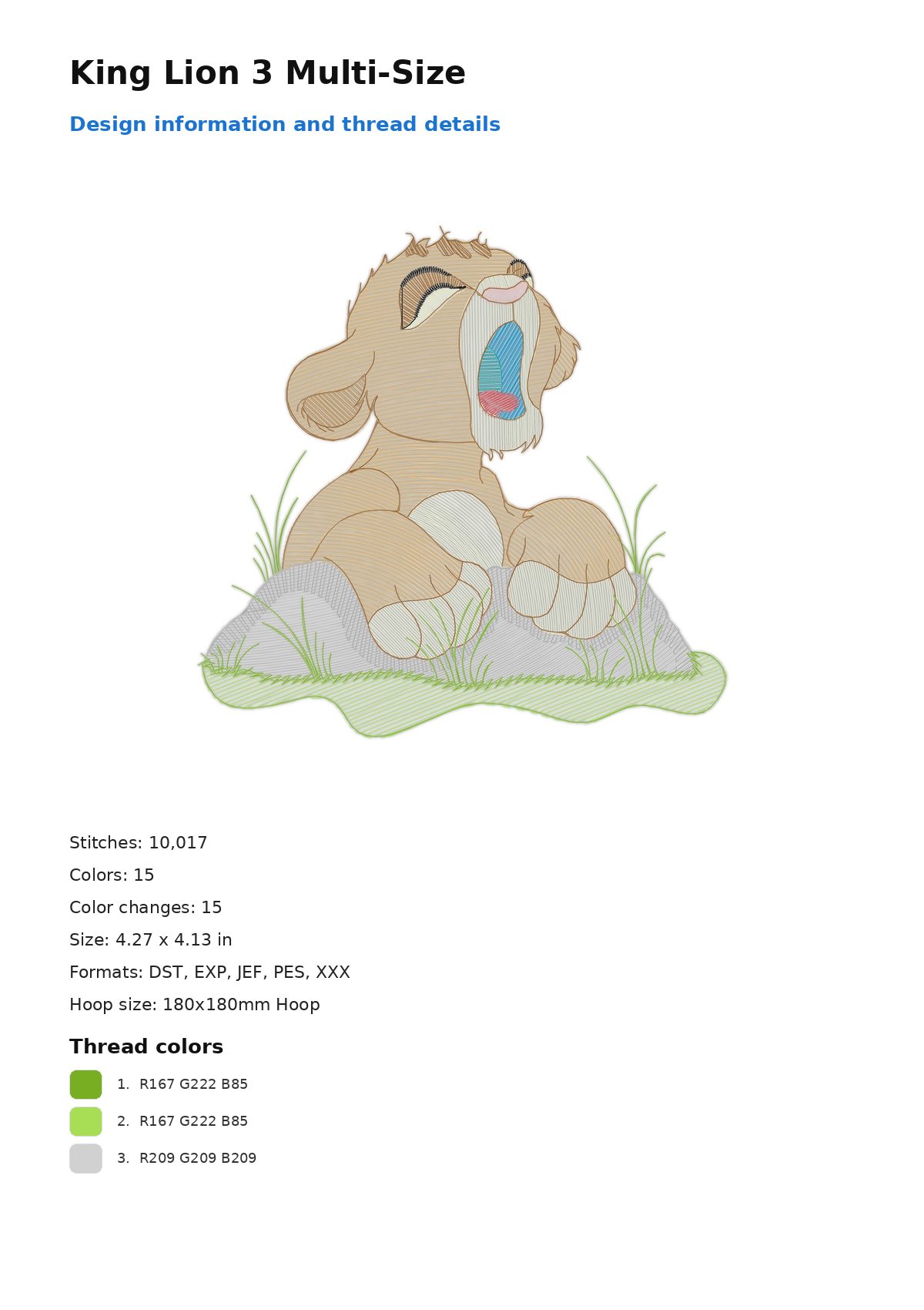 King Lion 3 Multi-Size free machine embroidery design — 4.27×4.13 in — 10,017 stitches — 15 colors — DST, EXP, JEF, PES, XXX
