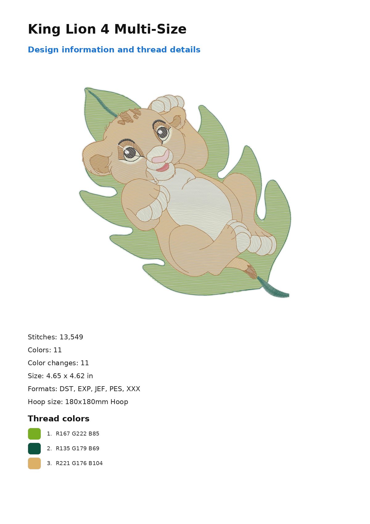 King Lion 4 Multi-Size free machine embroidery design — 4.65×4.62 in — 13,549 stitches — 11 colors — DST, EXP, JEF, PES, XXX