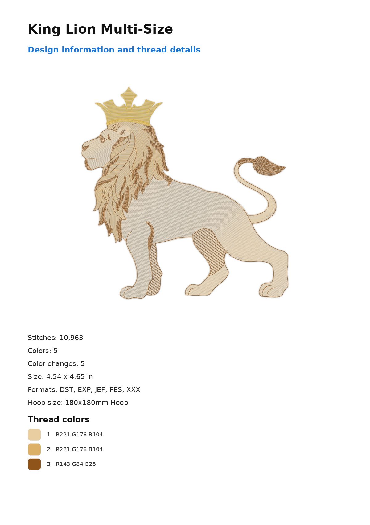 King Lion Multi-Size free machine embroidery design — 4.54×4.65 in — 10,963 stitches — 5 colors — DST, EXP, JEF, PES, XXX