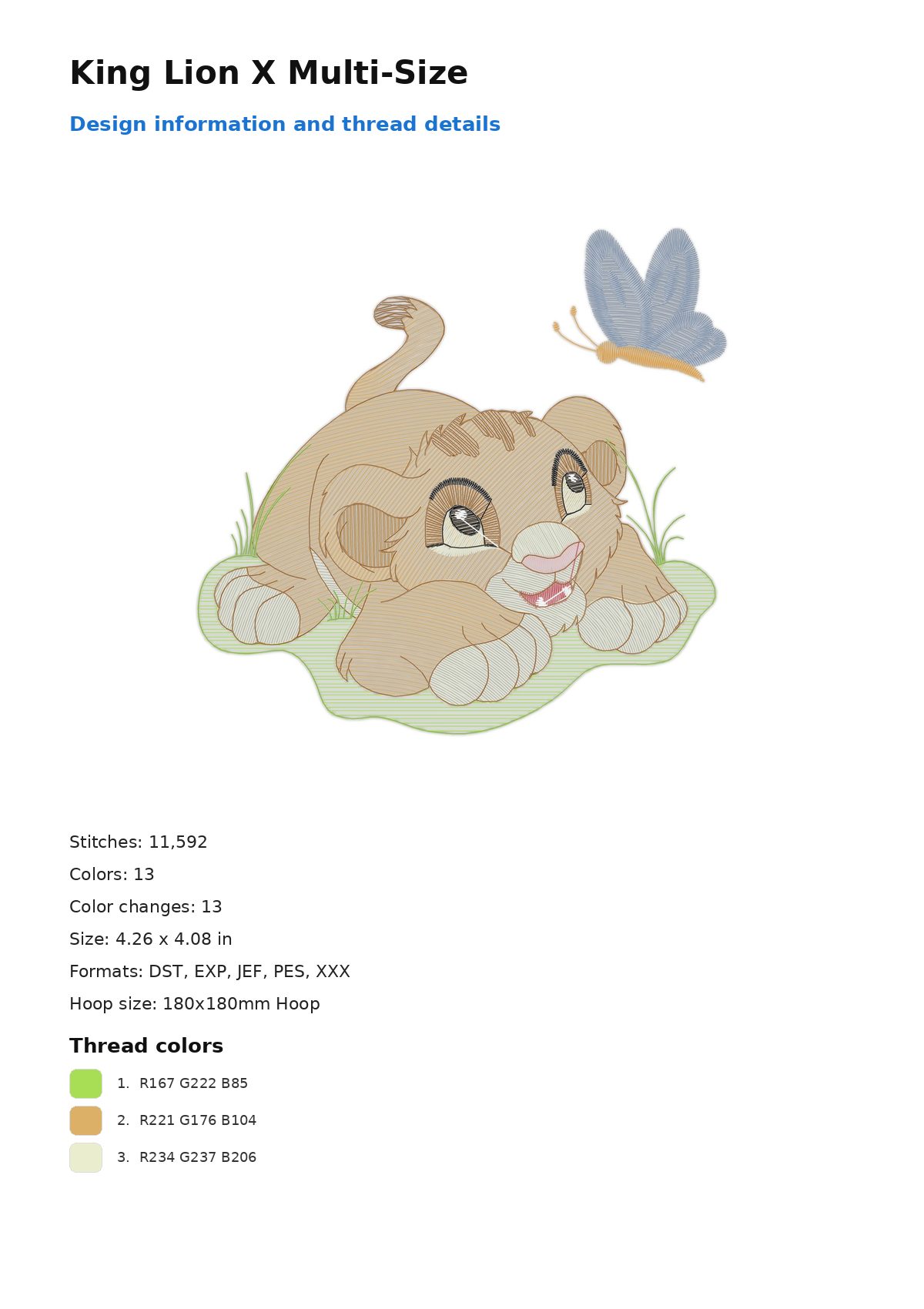 King Lion X Multi-Size free machine embroidery design — 4.26×4.08 in — 11,592 stitches — 13 colors — DST, EXP, JEF, PES, XXX