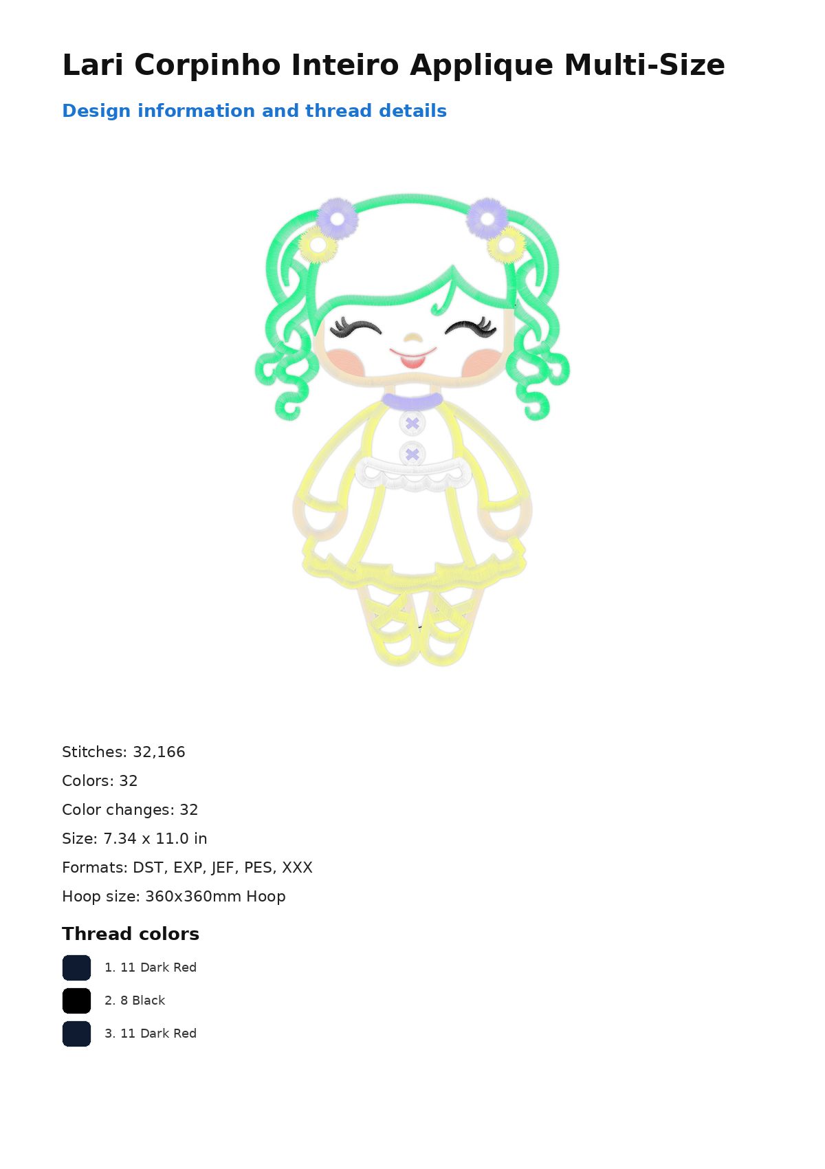 Lari Corpinho Inteiro Applique Multi-Size free machine embroidery design — 7.34×11.0 in — 32,166 stitches — 32 colors — DST, EXP, JEF, PES, XXX