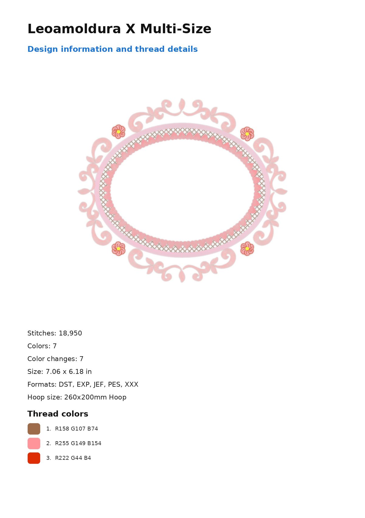 Leoamoldura X Multi-Size free machine embroidery design — 7.06×6.18 in — 18,950 stitches — 7 colors — DST, EXP, JEF, PES, XXX
