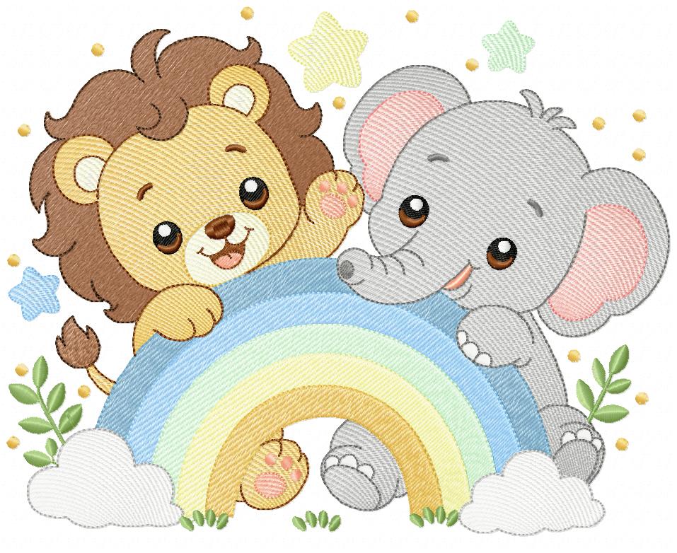 Lion And Elephant 3 Multi-Size free machine embroidery design — 9.81×7.99 in — 49,009 stitches — 25 colors — DST, EXP, JEF, PES, XXX