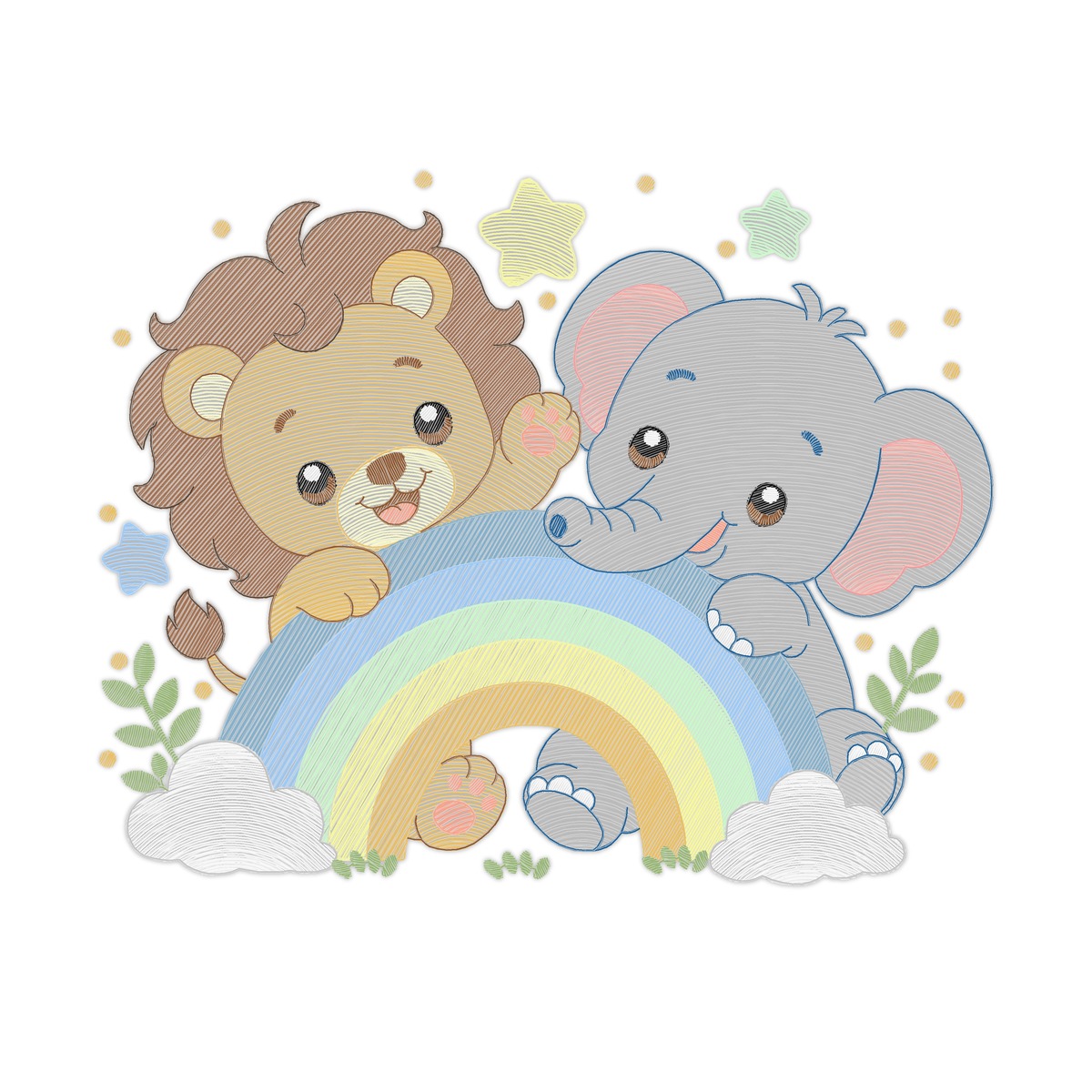 Lion And Elephant 3 Multi-Size free machine embroidery design — 6.36×5.34 in — 27,846 stitches — 25 colors — DST, EXP, JEF, PES, XXX