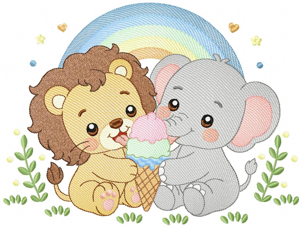 Lion And Elephant Multi-Size free machine embroidery design — 10.43×7.83 in — 45,606 stitches — 28 colors — DST, EXP, JEF, PES, XXX