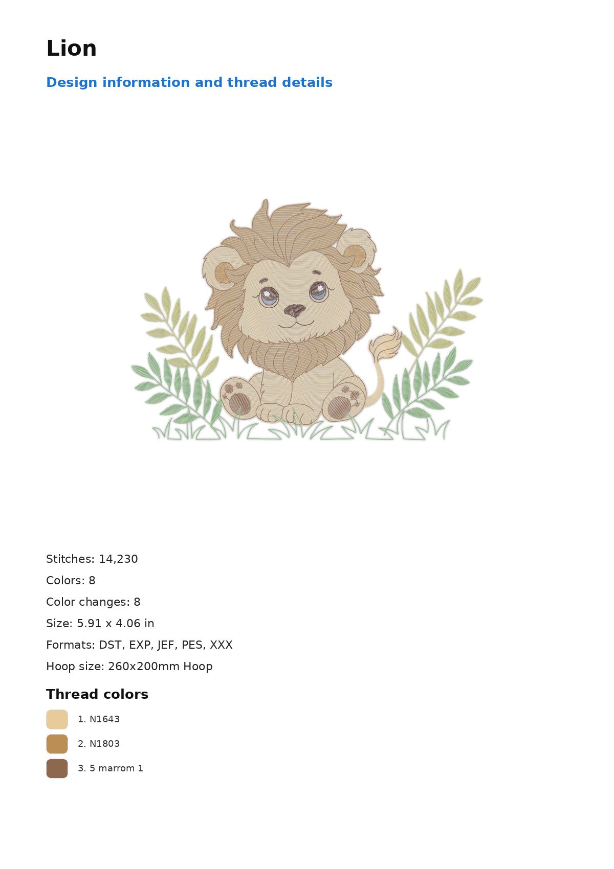 Lion free machine embroidery design — 5.91×4.06 in — 14,230 stitches — 8 colors — DST, EXP, JEF, PES, XXX